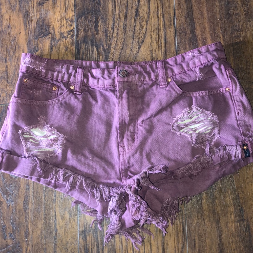 Maroon Ripped Jean Shorts